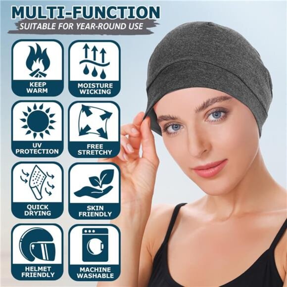 Mens Womens Cotton Skull Cap 2 Pack Beanie Sleep Hat Lightweight Helmet Liner - Picture 4 of 7